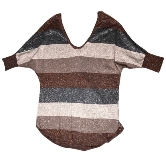 Express Women’s Medium Metallic Stripe Knit Top Scoop Neck Button Back Glitter - Picture 2 of 10